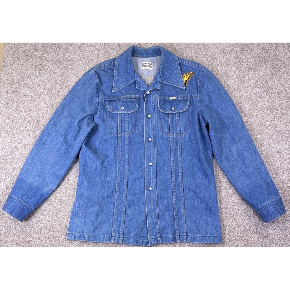 Sedgefield Denim Jacket Women L Blue Butterfly Patch Vintage 70s Boho Hippie